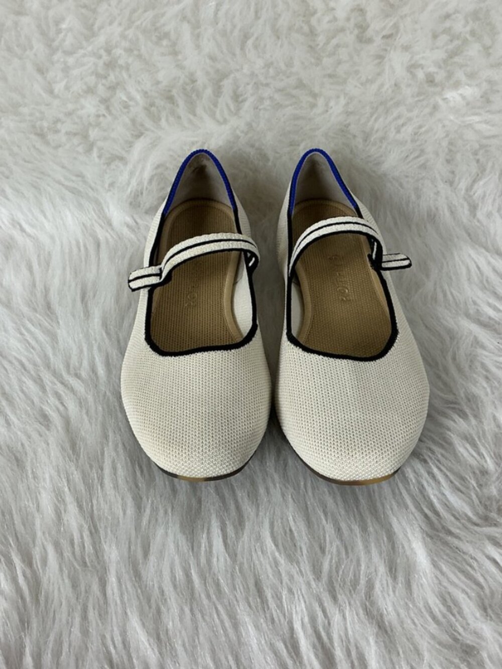 Rothy's Cream Gardenia White Black Trim Blue Halo The Square Toe Mary Janes 8 - Picture 2 of 11
